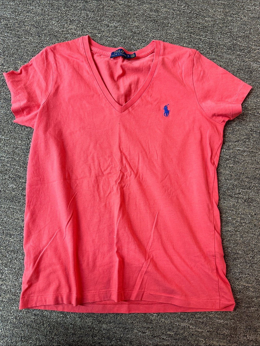 Ralph Lauren Coral Pink V-Neck Polo Tee with Blue Pony